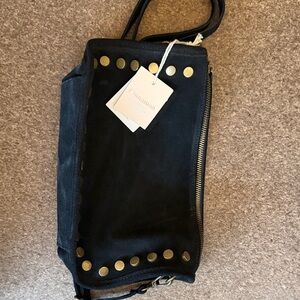 Chic Black Suede Crossbody Bag with Gold Studs